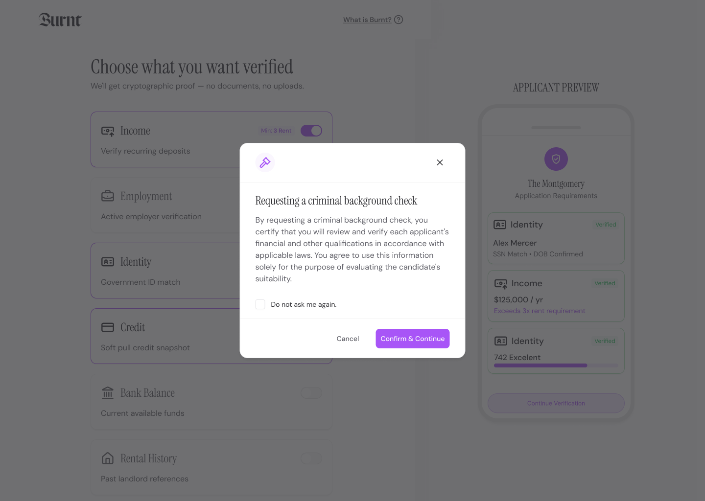 Burnt workflow showing partner-powered screening modules and compliance context