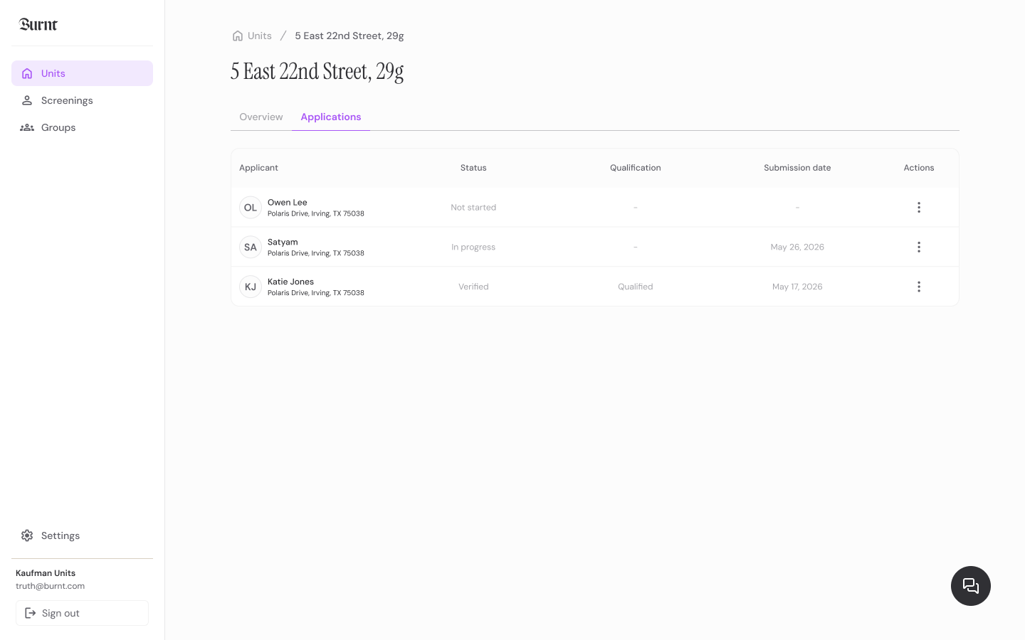 Burnt dashboard showing screening packages and applicant status for pricing workflows