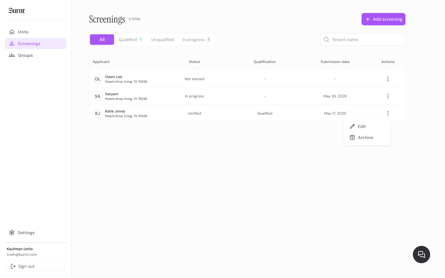 Burnt operator dashboard showing tenant screening package status across applicants