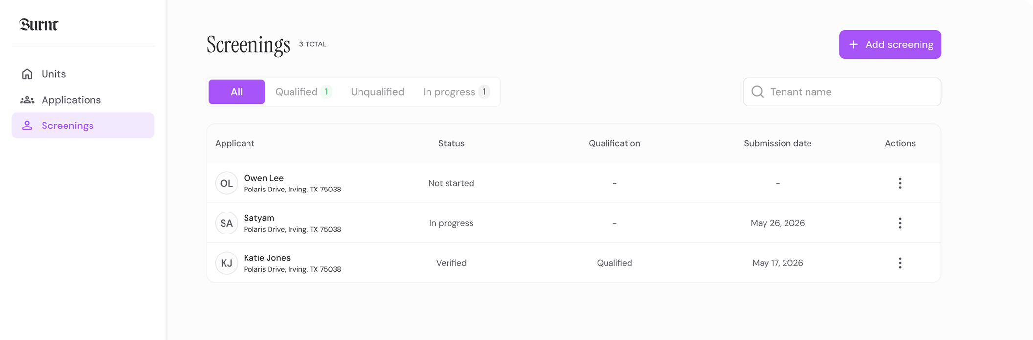 Figma-designed Burnt screenings dashboard with applicant rows, filters, and add screening action.