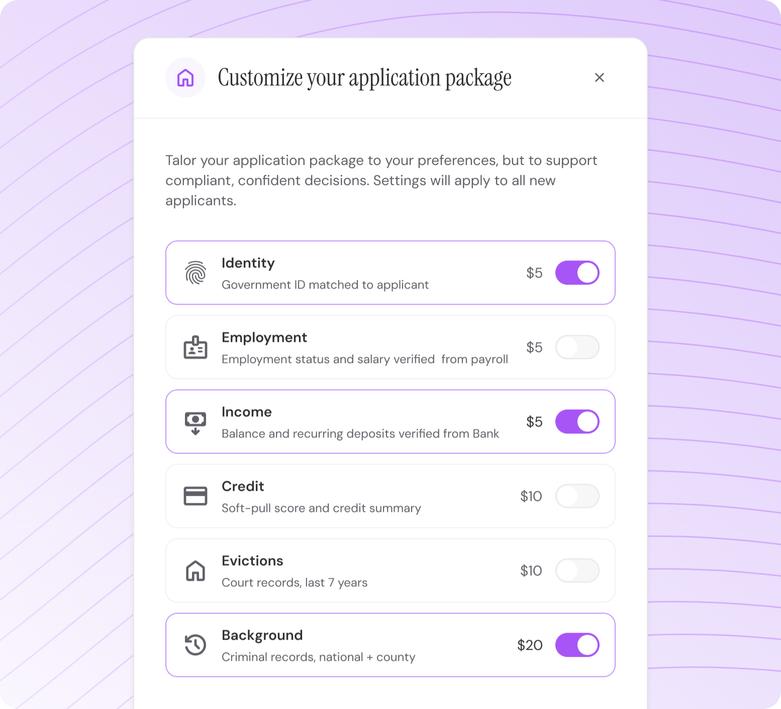 Customize your application package modal with enabled screening checks.