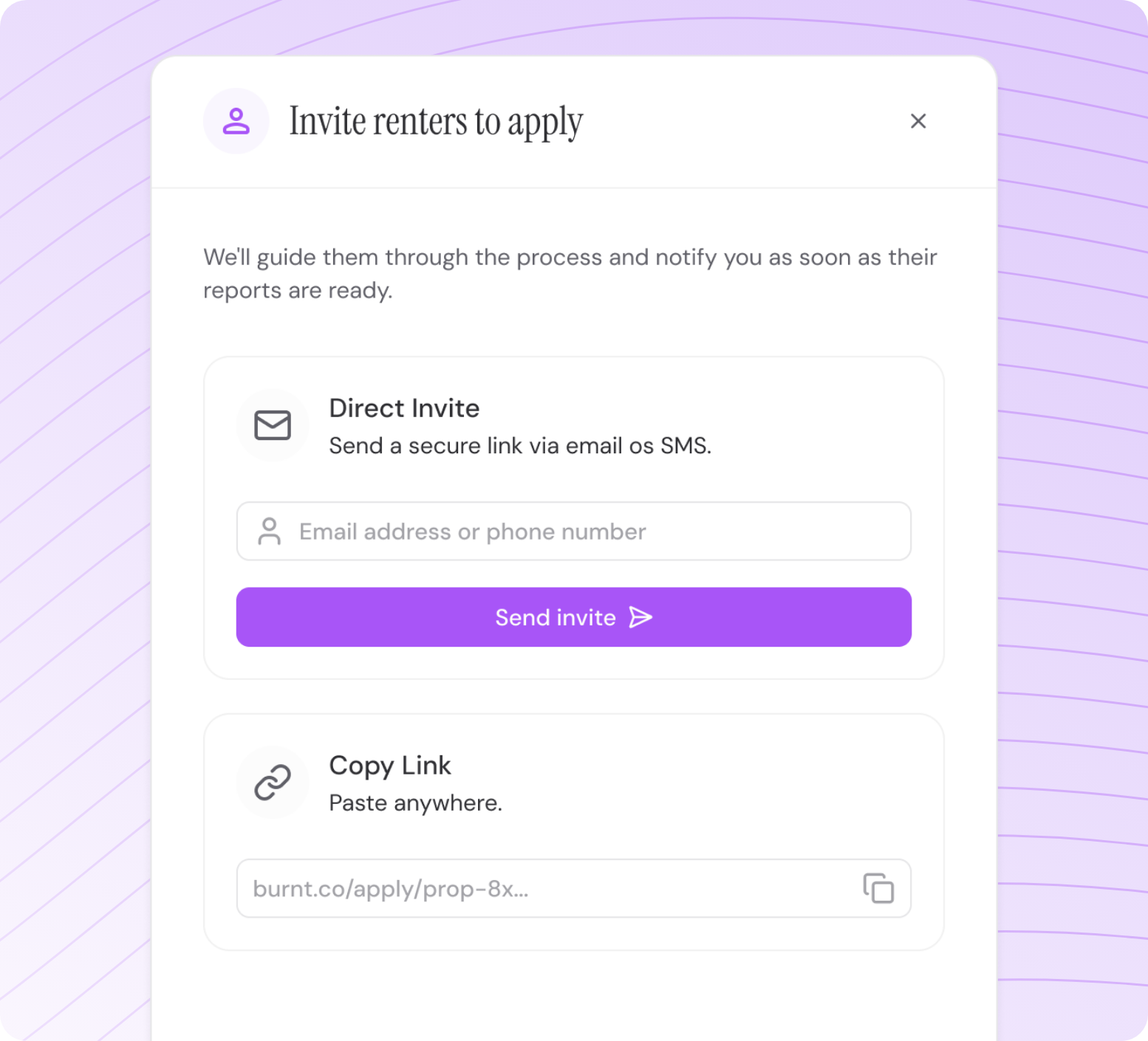 Invite renters to apply modal with direct invite and copy link options.