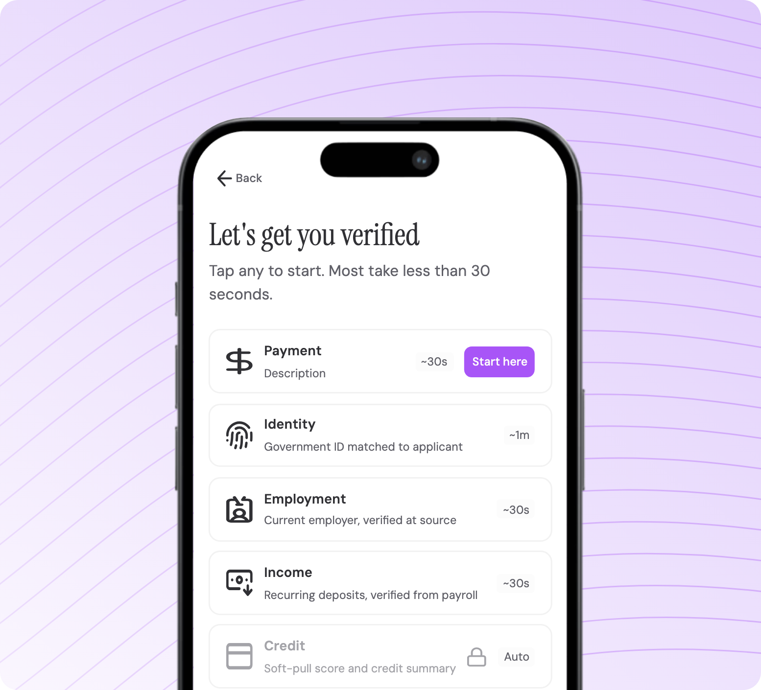 Mobile renter verification flow inside a phone frame.