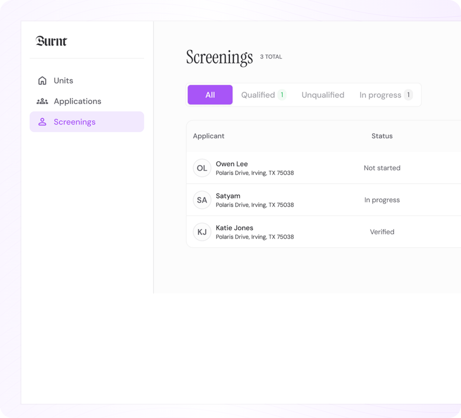 Screenings queue showing one dashboard for applicant review.