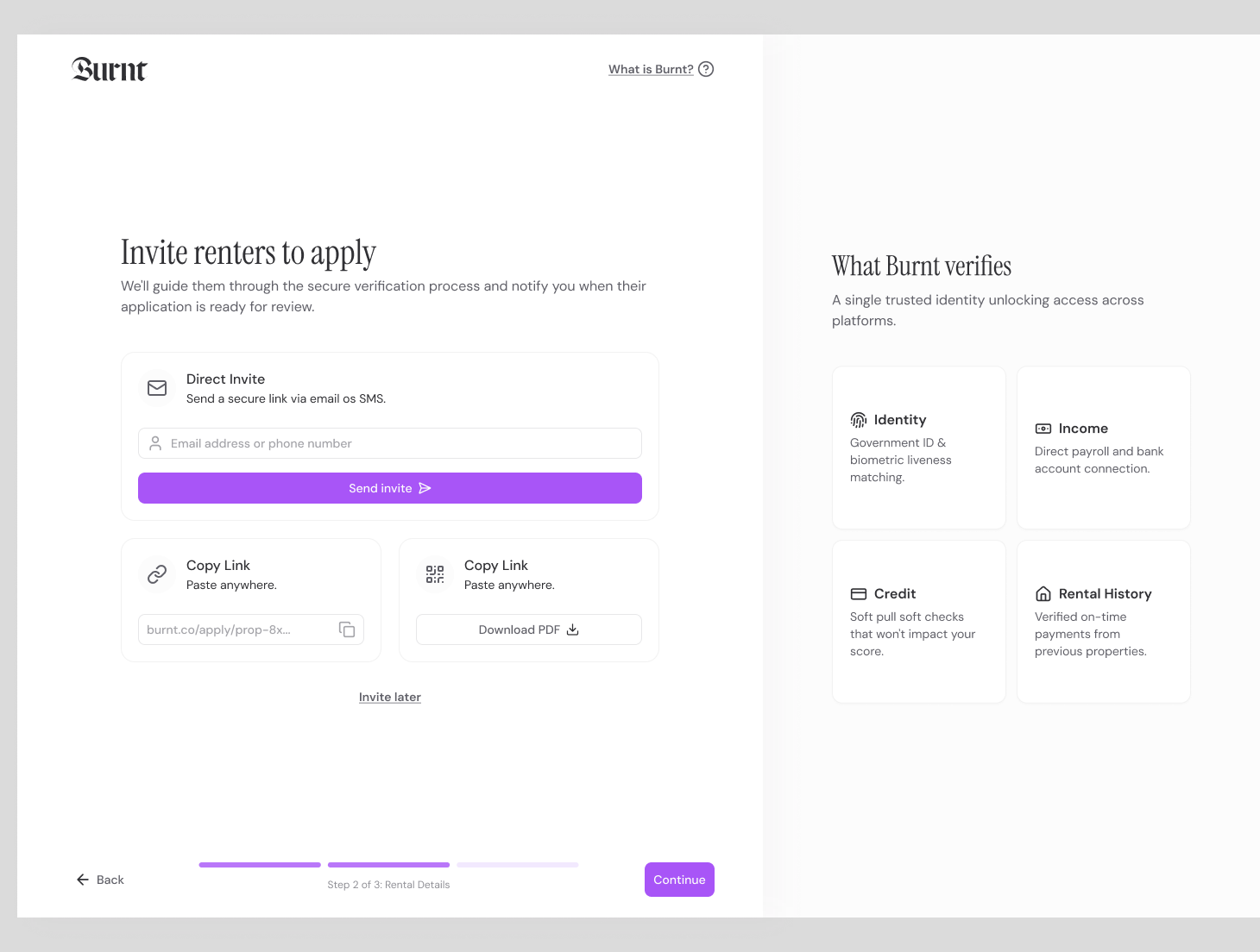 Burnt invite renters flow for screening links and connected workflows